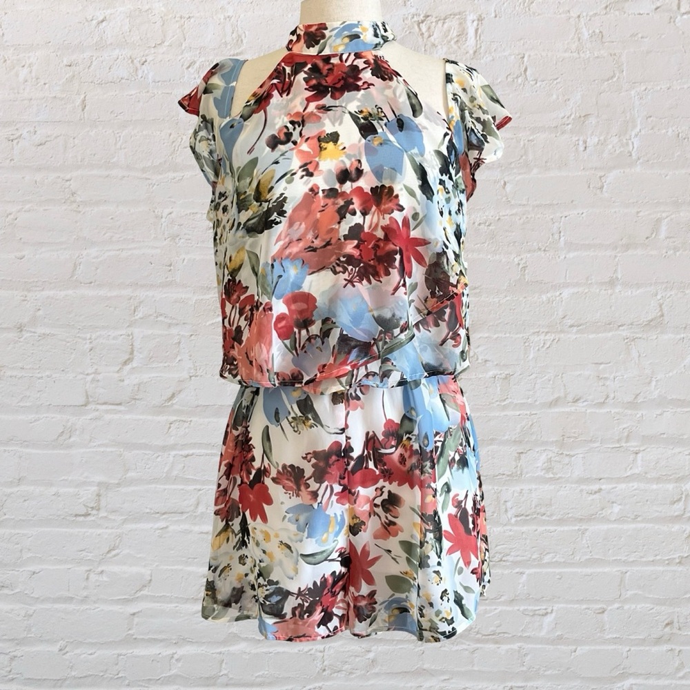 Charlotte Russe Red and Blue Ruffled Romper with Mandarin Halter Collar